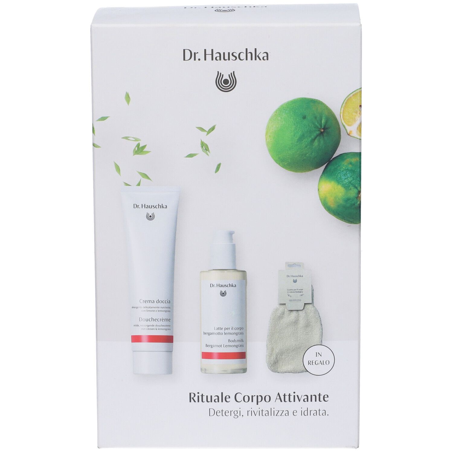 Confezione regalo Dr. Hauschka. Contiene crema, lozione e guanto. Agrumi come decorazione.