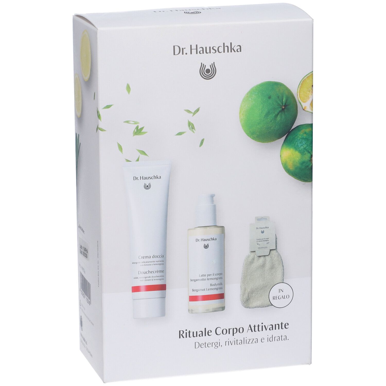 Confezione regalo Dr. Hauschka. Contiene crema, lozione e guanto. Agrumi come decorazione.