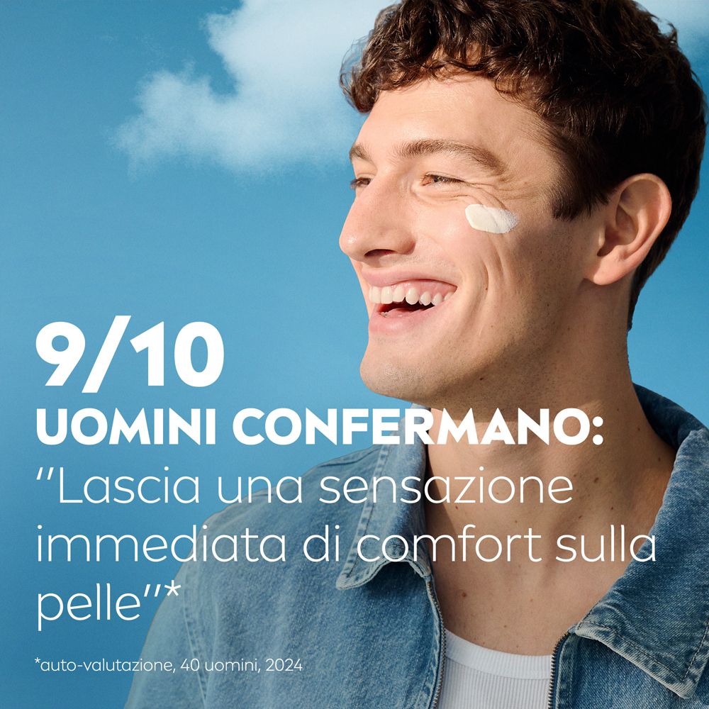 Uomo con crema sul viso. 9/10 uomini confermano: Sensazione immediata sulla pelle.