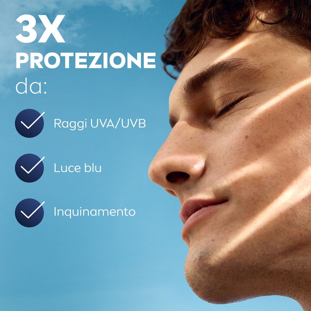 Protezione 3x. Protegge da raggi UVA/UVB, luce blu e inquinamento.