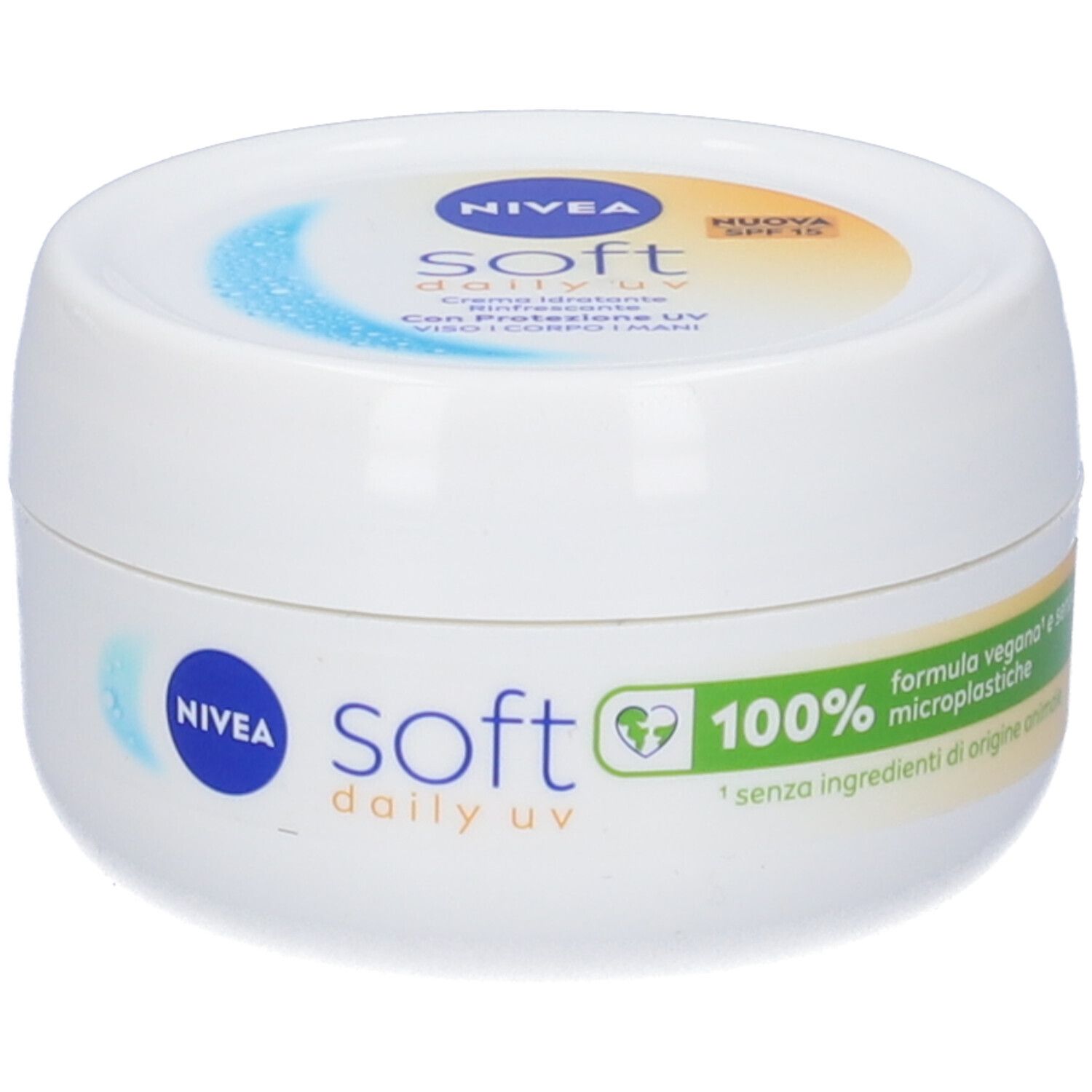 Crema NIVEA Soft Daily UV. Vasetto bianco con logo verde. 100% senza microplastiche.
