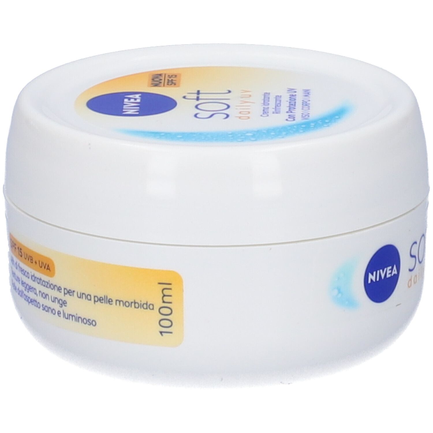 Crema NIVEA Soft Daily UV. Vasetto bianco con banda gialla. Testo e logo. 100ml.