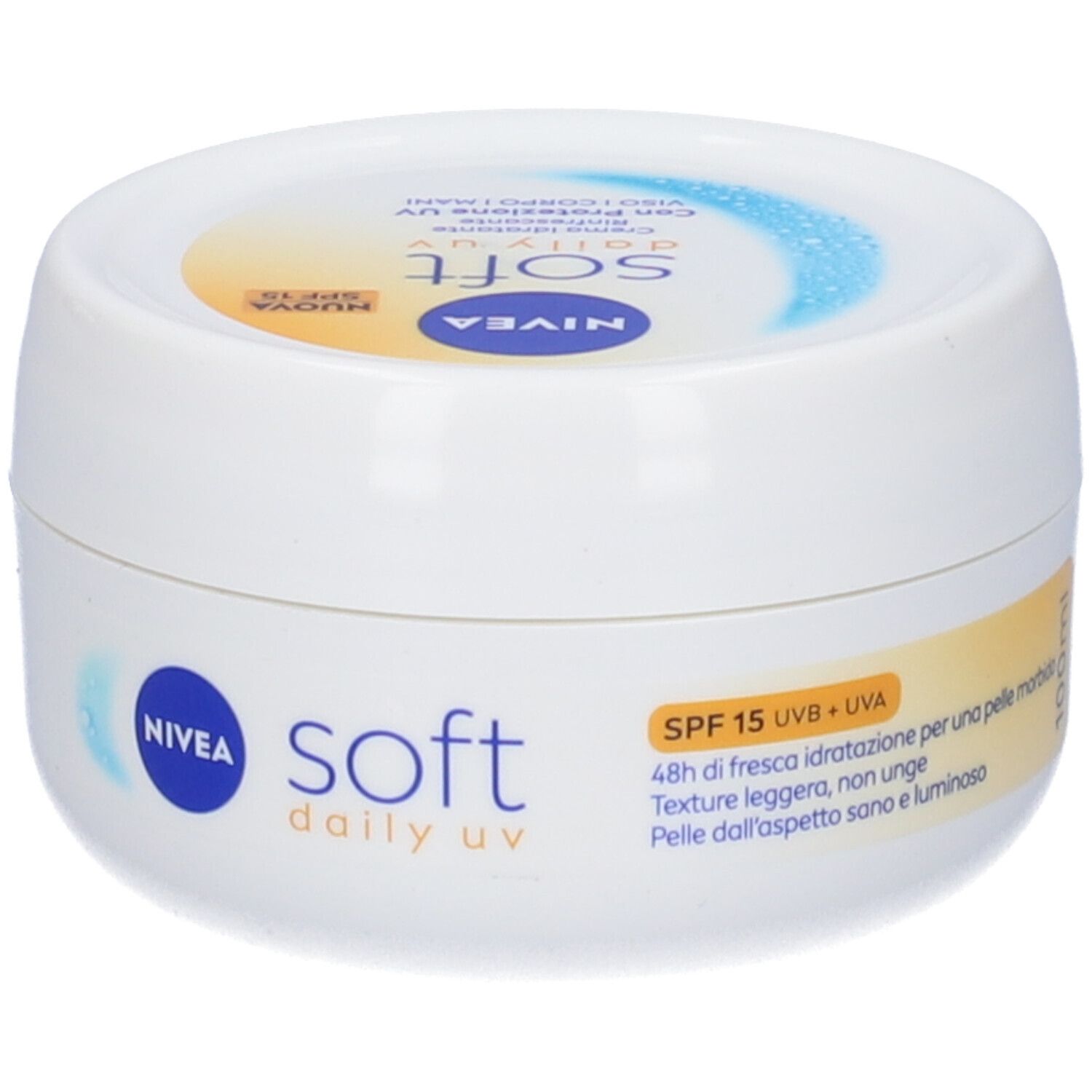 Crema NIVEA Soft Daily UV. Vasetto bianco con banda gialla. Testo e logo. SPF 15.
