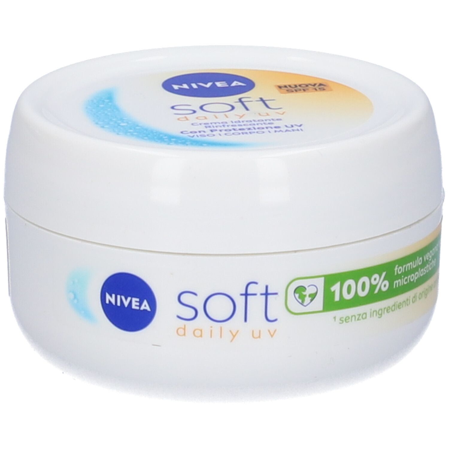 Crema NIVEA Soft Daily UV. Vasetto bianco con logo verde. 100% senza microplastiche.