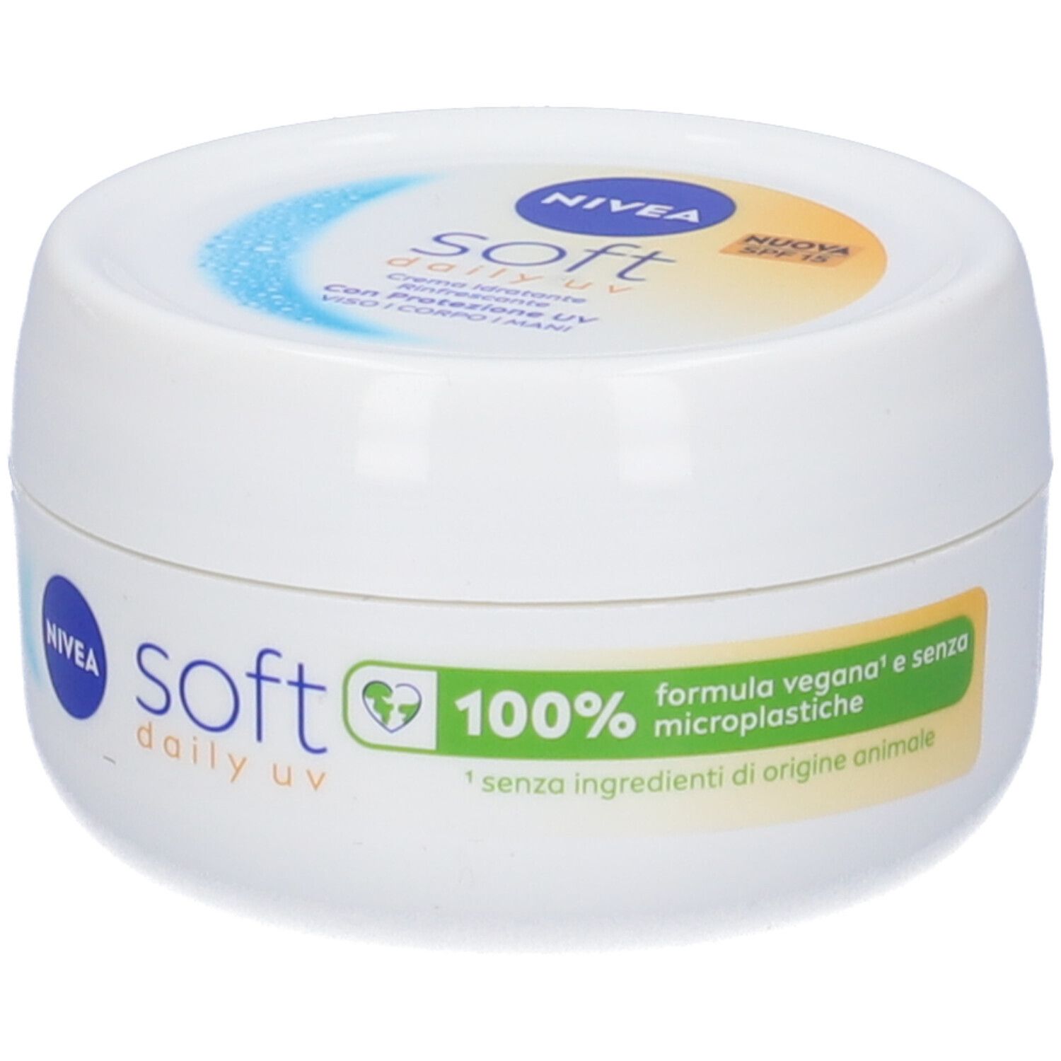 Crema NIVEA Soft Daily UV. Vasetto bianco con logo verde. 100% senza microplastiche.