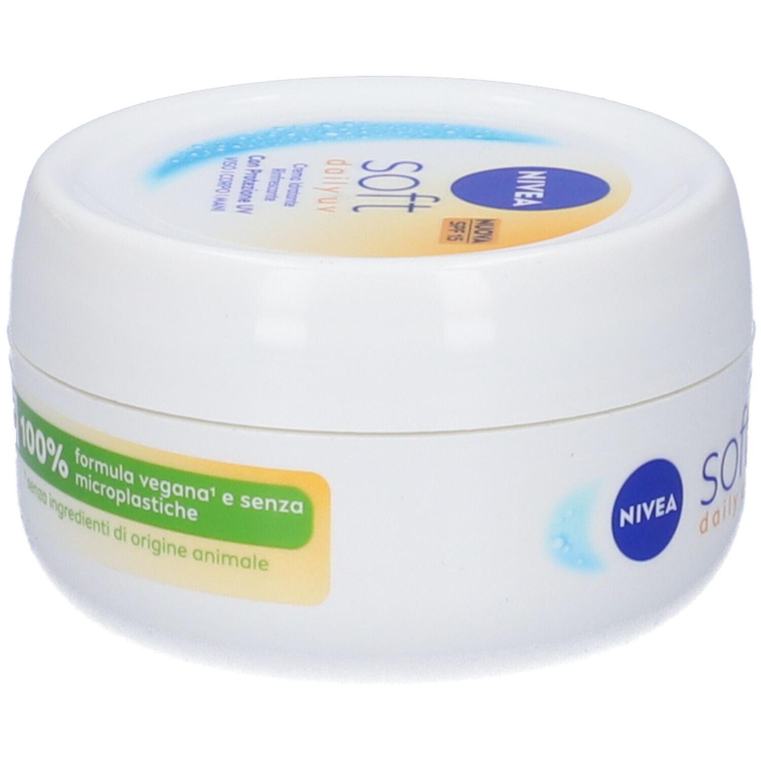 Crema NIVEA Soft Daily UV. Vasetto bianco con logo verde. 100% senza microplastiche.