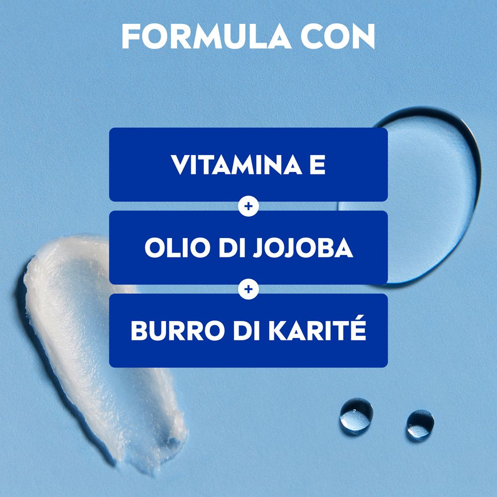 Testo: Formula con vitamina E, olio di jojoba e burro di karité. Elementi blu e bianchi.