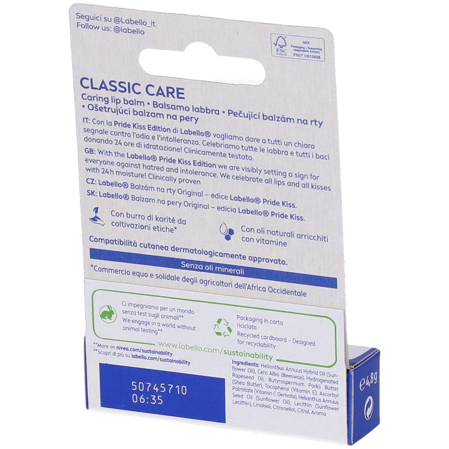 Labello Classic Care Balsamo Labbra Pride Limited Edition 4.8 g, Edizione limitata per Pride Month