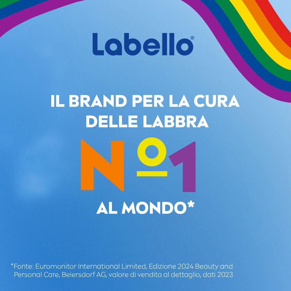 Pubblicità per Labello. Testo: IL BRAND PER LA CURA DELLE LABBRA N°1 AL MONDO. Fonte: Euromonitor International Limited.