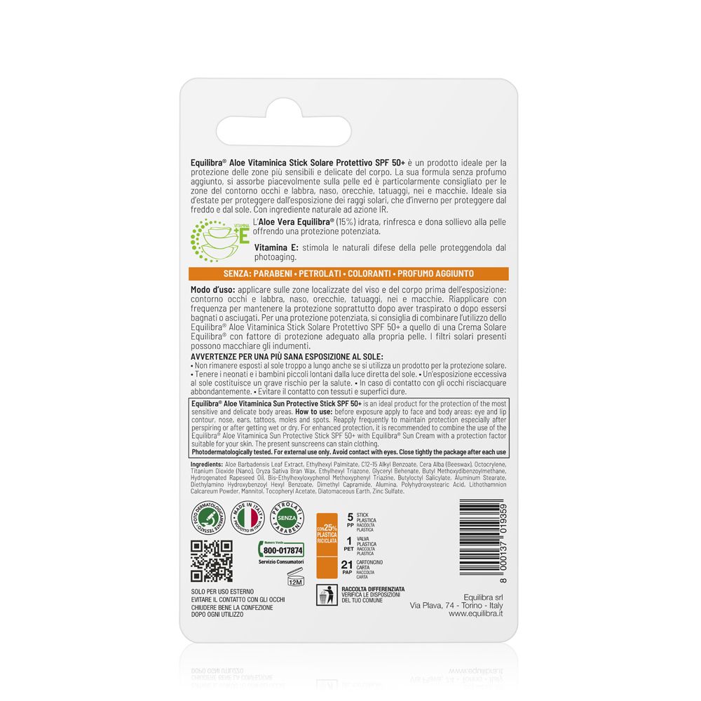Retro della confezione. Testo: Equilibra Aloe Vitaminica Stick Solare Protettivo SPF 50+. Ingredienti, istruzioni per l'uso, avvertenze.
