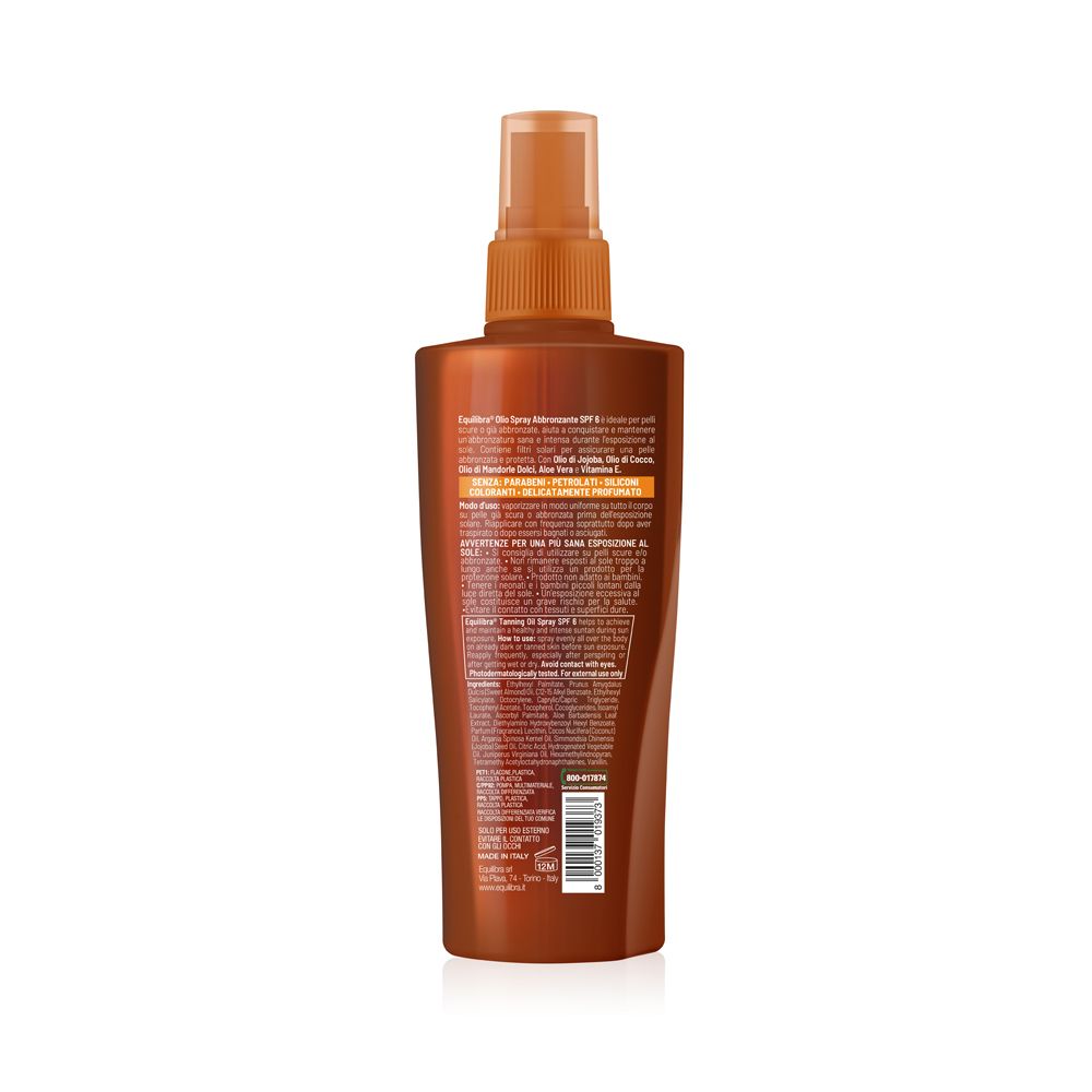 Retro di un flacone spray marrone. Informazioni testuali e codice a barre visibili.