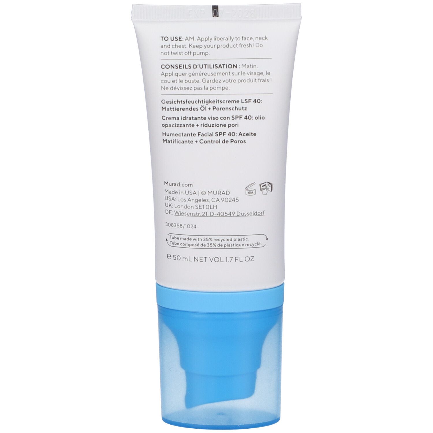 Confezione del prodotto con tubo e scatola. Scritta: Murad Superactive Moisturizer SPF 40.