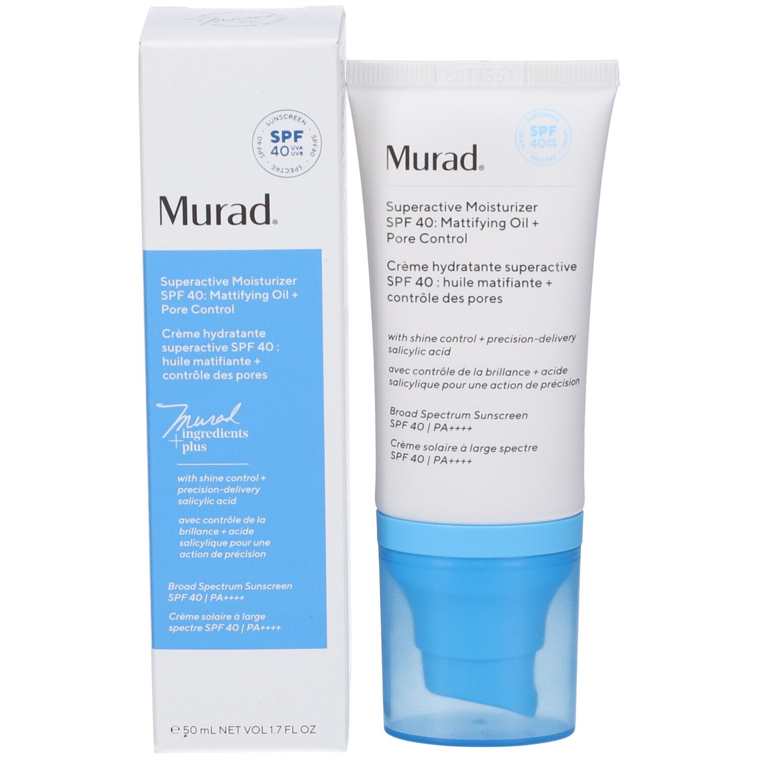 Scatola bianca con informazioni sul prodotto. Scritta: Murad Superactive Moisturizer SPF 40.