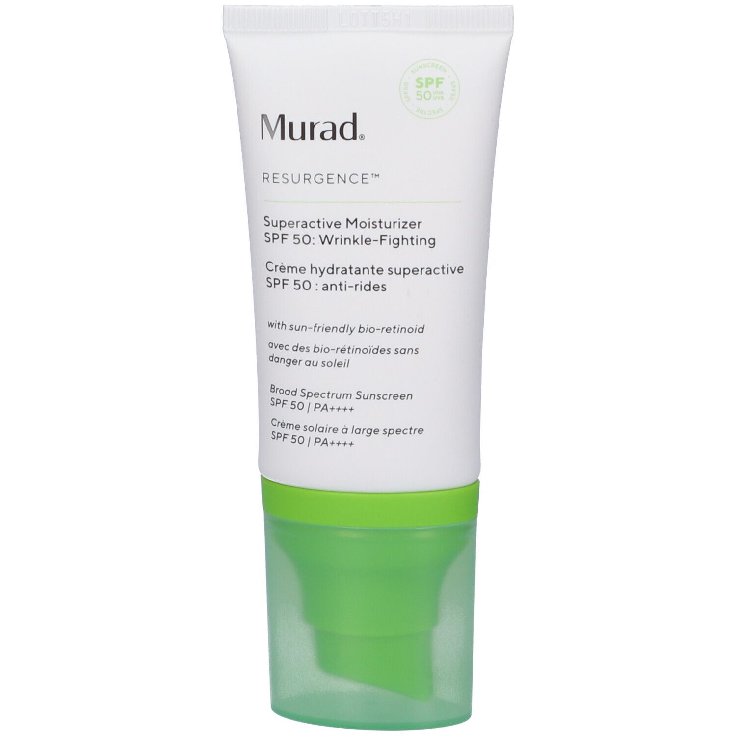 Tubo bianco con tappo verde. Scritta: Murad Resurgence Superactive Moisturizer SPF 50. Crema antirughe.
