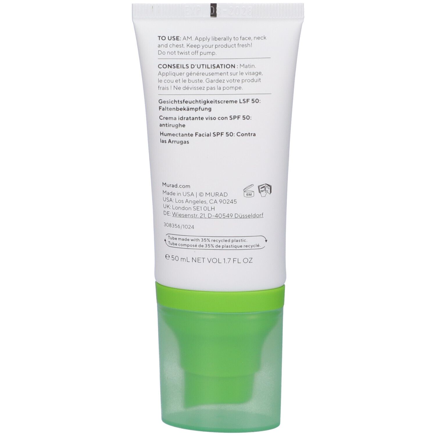 Retro del tubo. Testo multilingue. Istruzioni per l'uso. Contenuto: 50 ml.