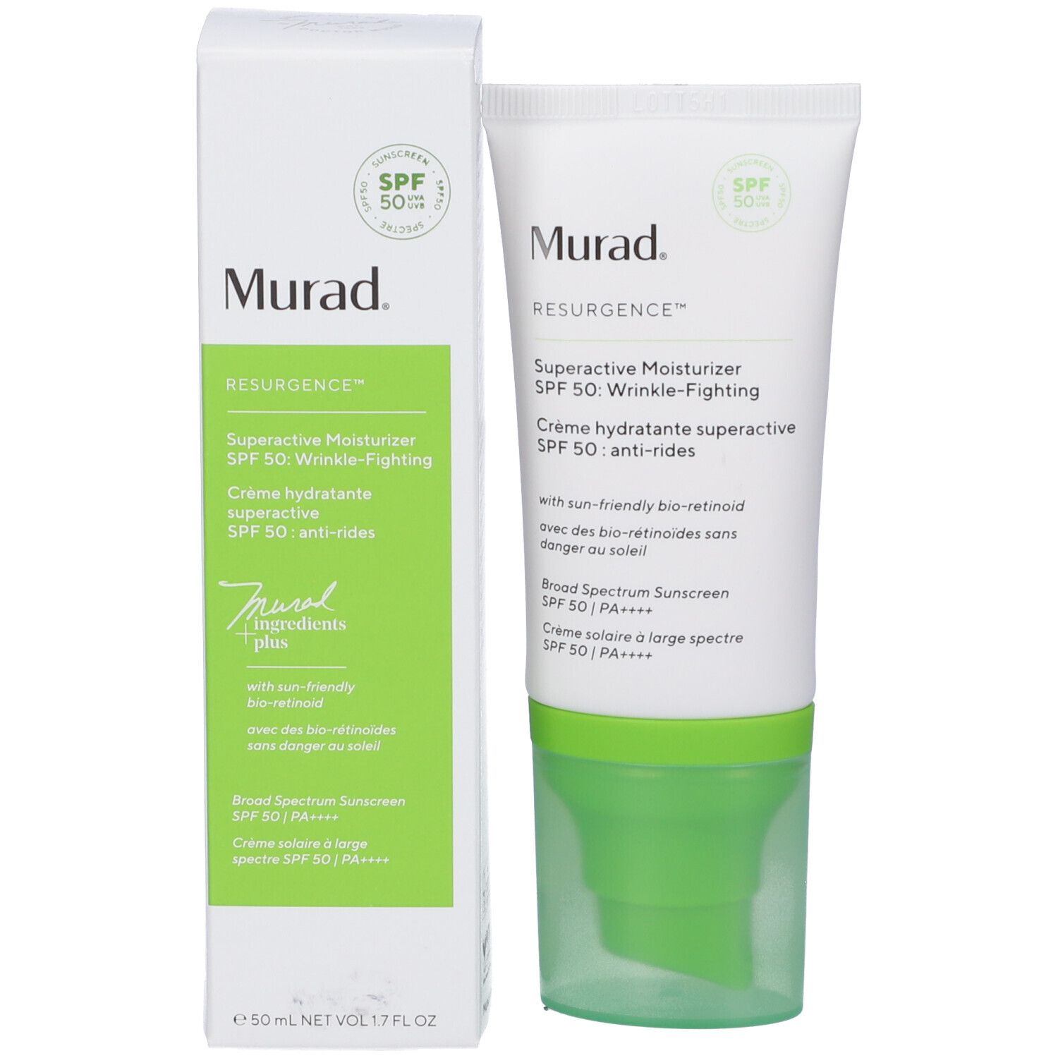 Prodotto e confezione. Scatola bianca e tubo. Scritta: Murad Resurgence Superactive Moisturizer SPF 50.