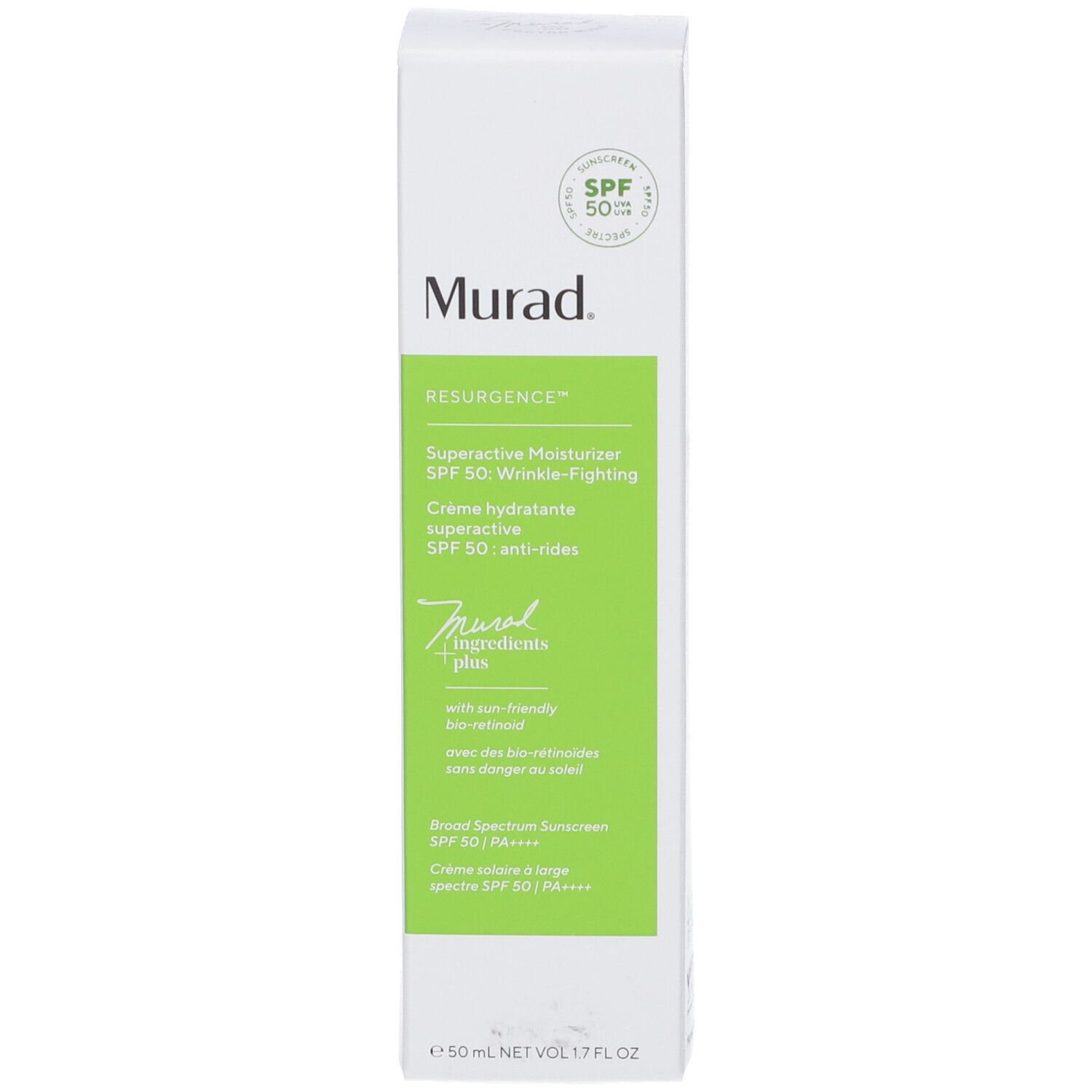 Scatola bianca. Scritta: Murad Resurgence Superactive Moisturizer SPF 50. Accenti verdi.