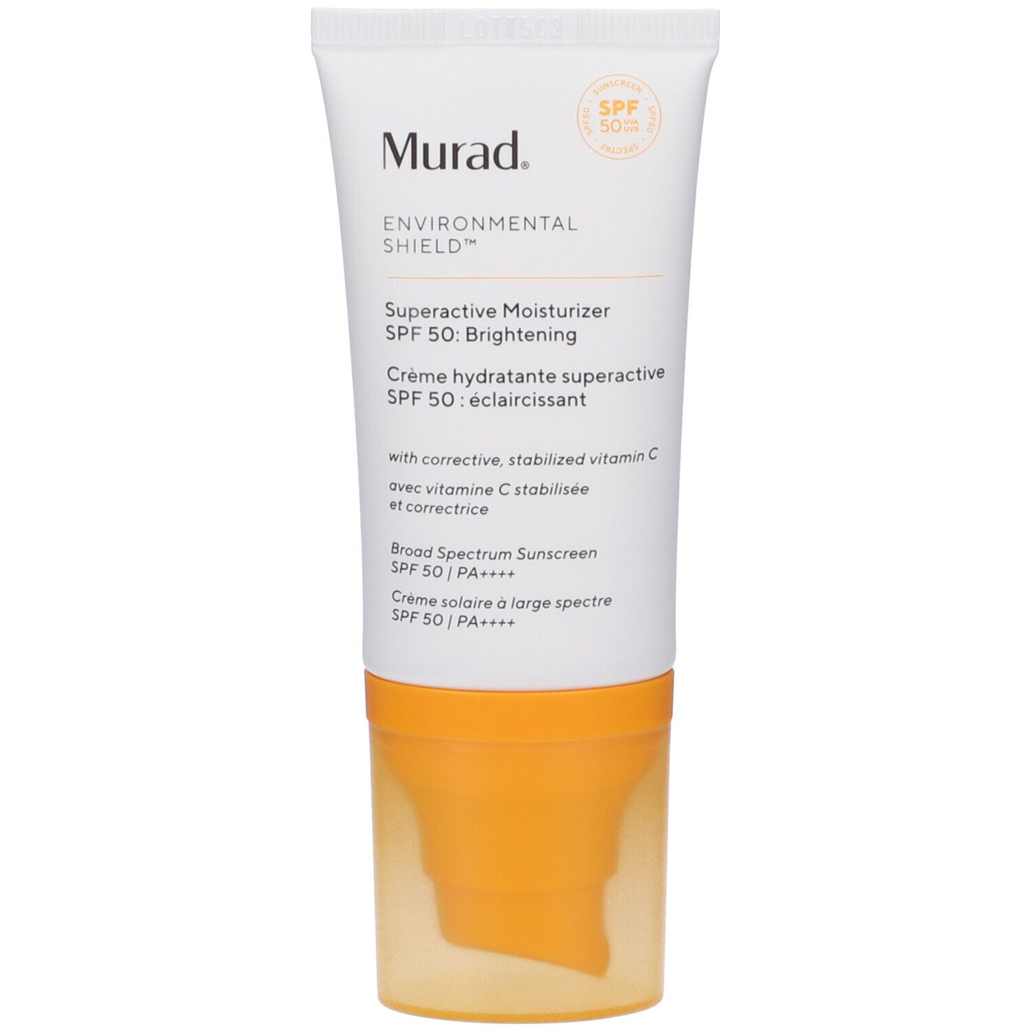Tubo e confezione. Scritta: Murad, Environmental Shield, Superactive Moisturizer SPF 50: Brightening. Accenti gialli.