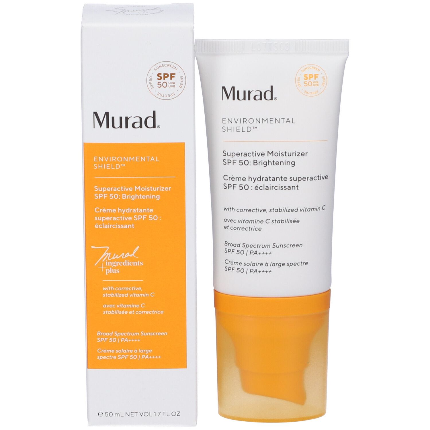 Dettaglio della confezione. Scritta: Murad, Environmental Shield, Superactive Moisturizer SPF 50: Brightening. Accento giallo.