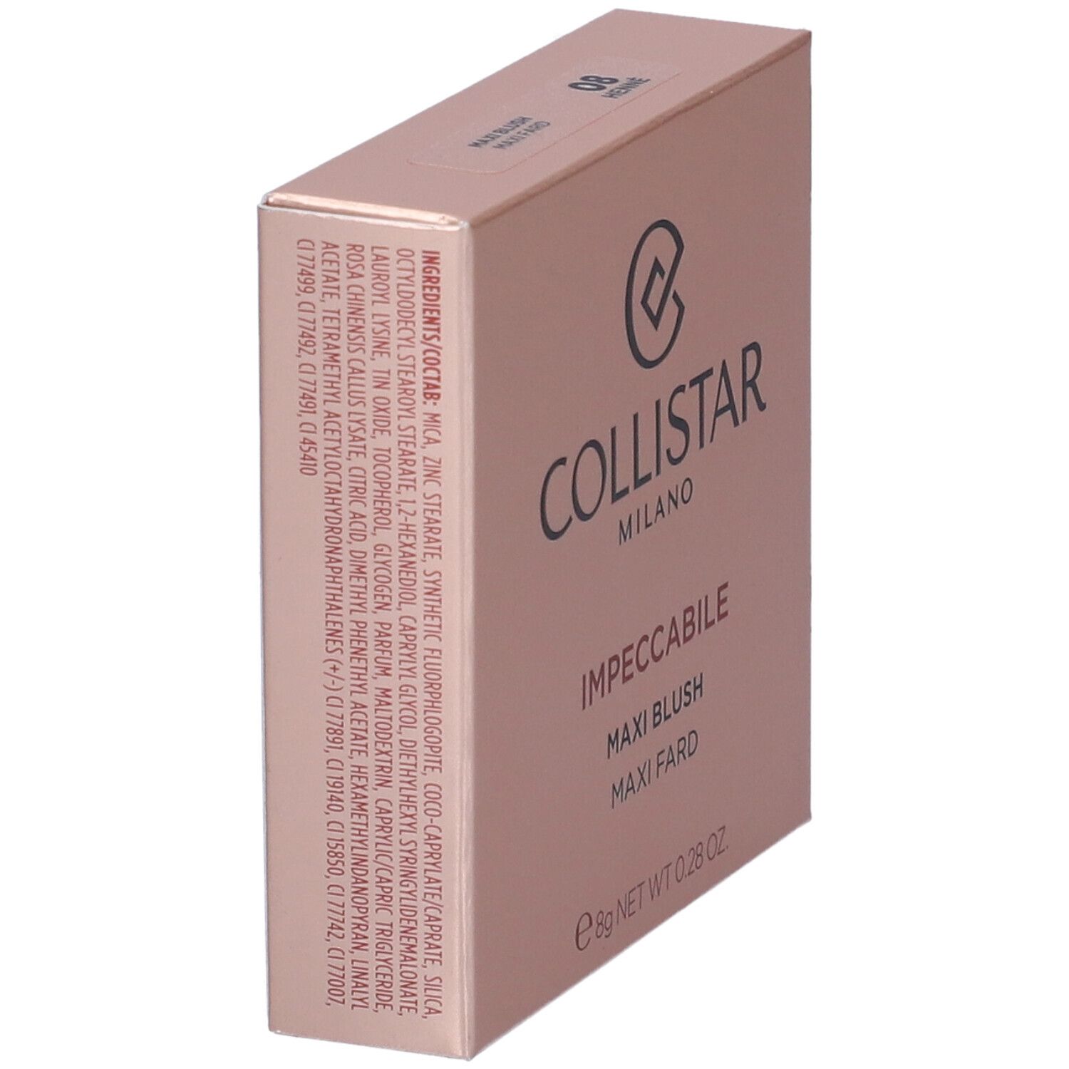 Confezione cosmetica angolata. Marchio COLLISTAR, prodotto IMPECCABILE MAXI BLUSH. Ingredienti sul lato.