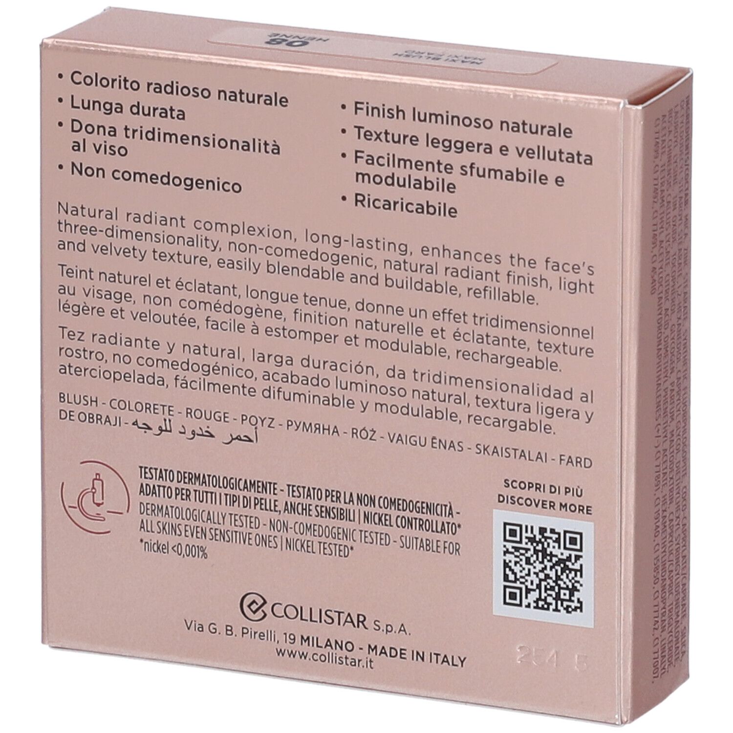 Retro della confezione cosmetica. Testo con informazioni sul prodotto, codice QR e marchio COLLISTAR.