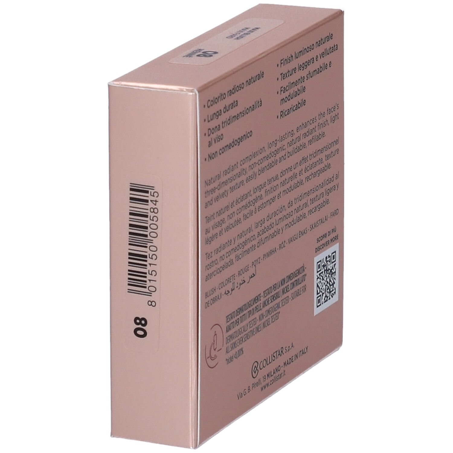 Confezione cosmetica angolata. Marchio COLLISTAR, prodotto IMPECCABILE MAXI BLUSH. Tonalità 08.