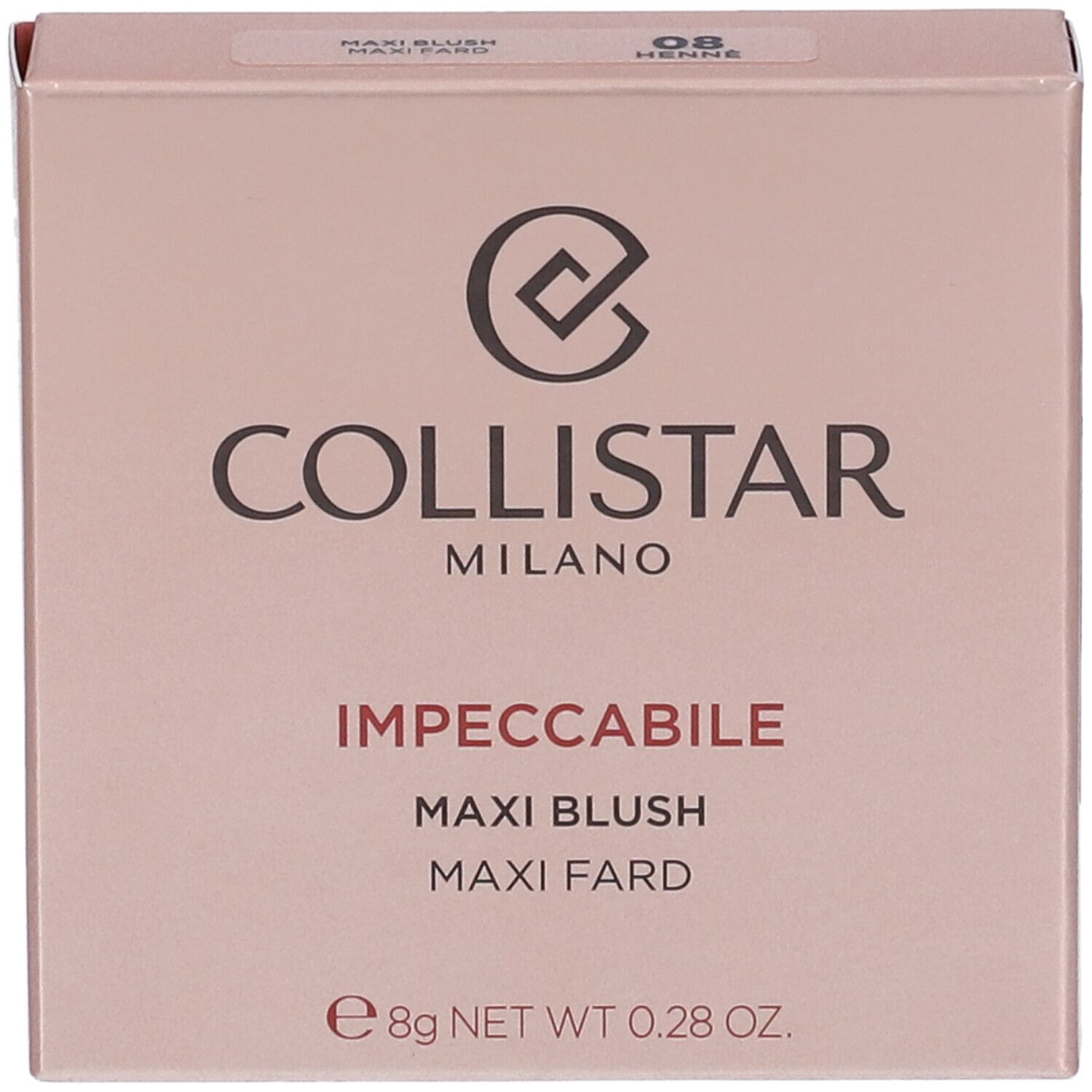 Confezione cosmetica. Marchio COLLISTAR, prodotto IMPECCABILE MAXI BLUSH. Tonalità 08 HENN. Contenuto 8g.