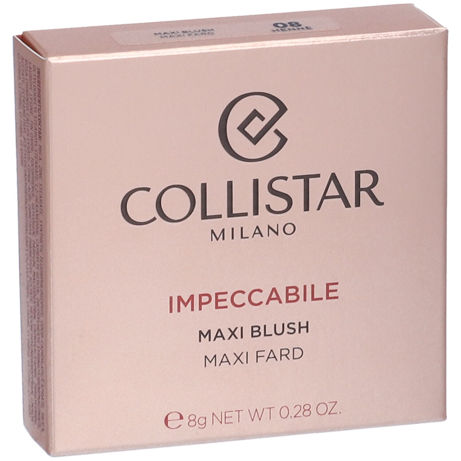 Confezione cosmetica. Marchio COLLISTAR, prodotto IMPECCABILE MAXI BLUSH. Tonalità 08 HENN. Contenuto 8g.