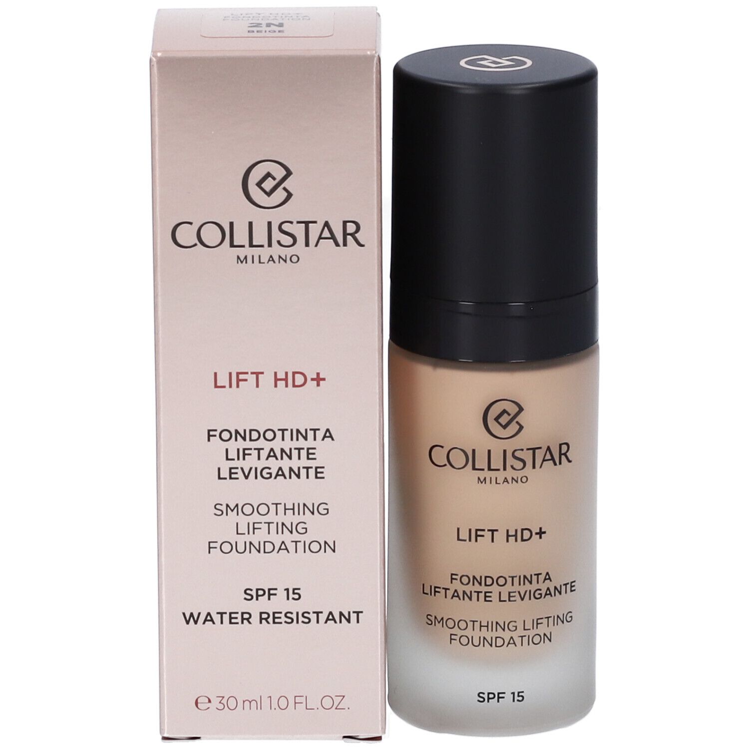 Flacone di fondotinta e confezione. Scritta: Collistar, LIFT HD+, Smoothing Lifting Foundation, SPF 15, Water Resistant.
