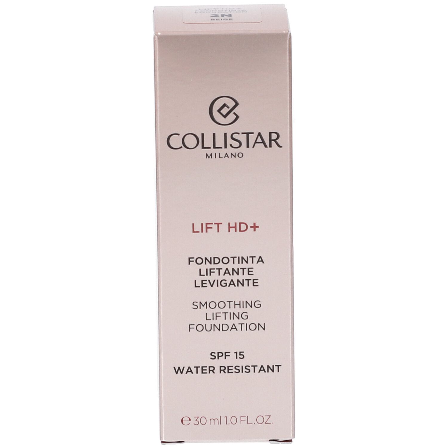 Confezione di fondotinta. Scritta: Collistar, LIFT HD+, Smoothing Lifting Foundation, SPF 15, Water Resistant, e30 ml 1.0 FL.OZ.