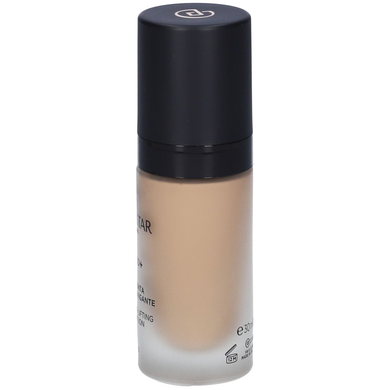 Flacone di fondotinta Collistar Lift HD+ beige dorato, tappo nero. Testo: Lift HD+, Fondotinta, Levigante, Smoothing Lifting Foundation, 30ml.