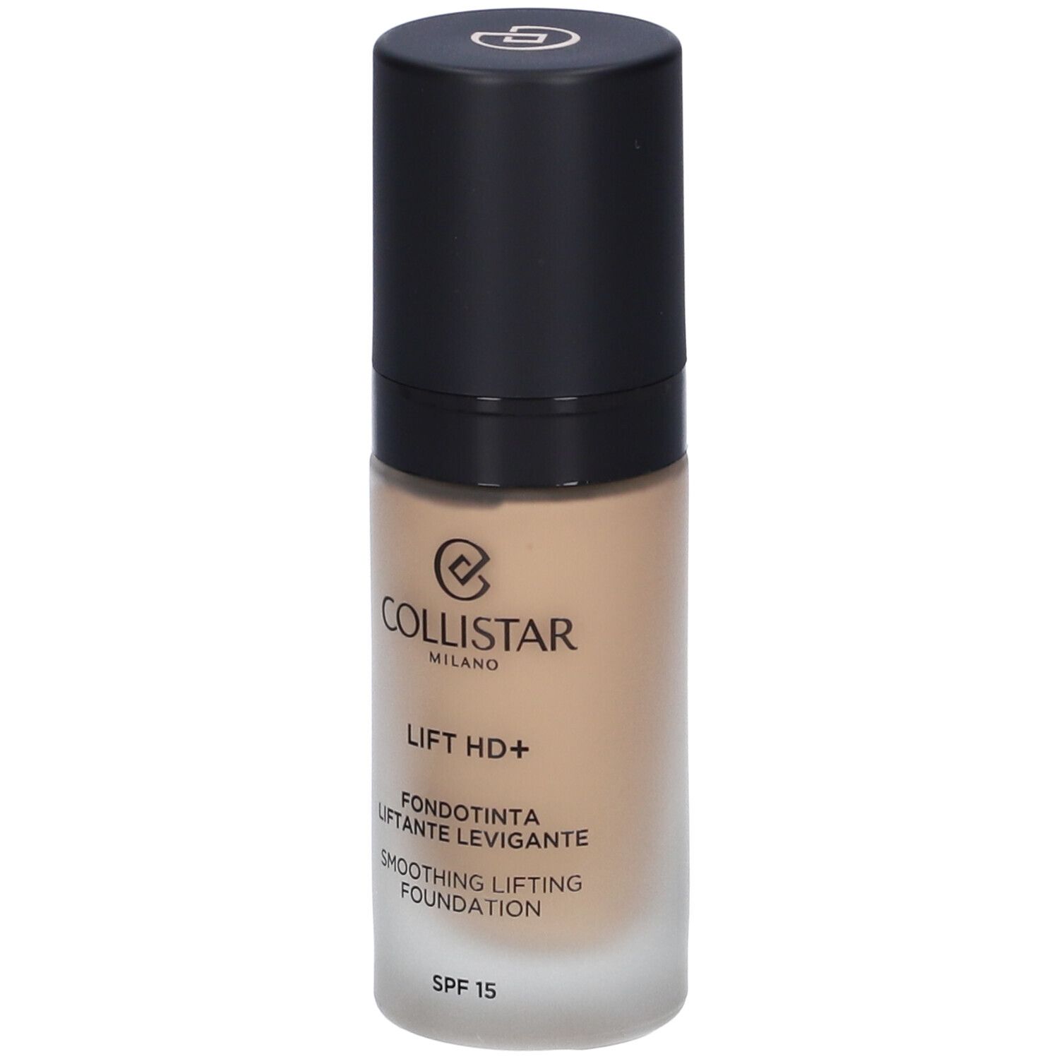 Flacone di fondotinta Collistar Lift HD+ beige dorato con tappo nero. Testo: Lift HD+, Fondotinta, Levigante, Smoothing Lifting Foundation, SPF 15.