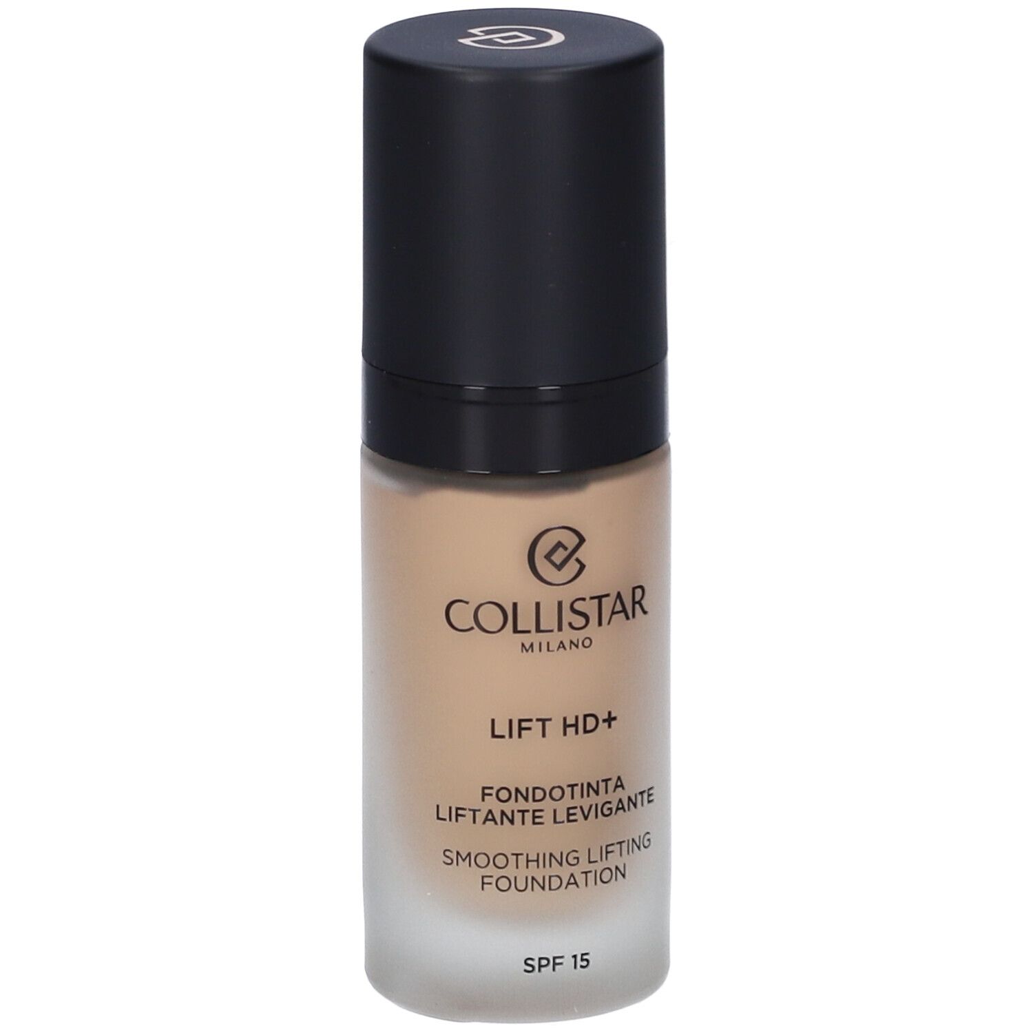 Flacone di fondotinta Collistar Lift HD+ beige dorato con tappo nero. Testo: Lift HD+, Fondotinta, Levigante, Smoothing Lifting Foundation, SPF 15.