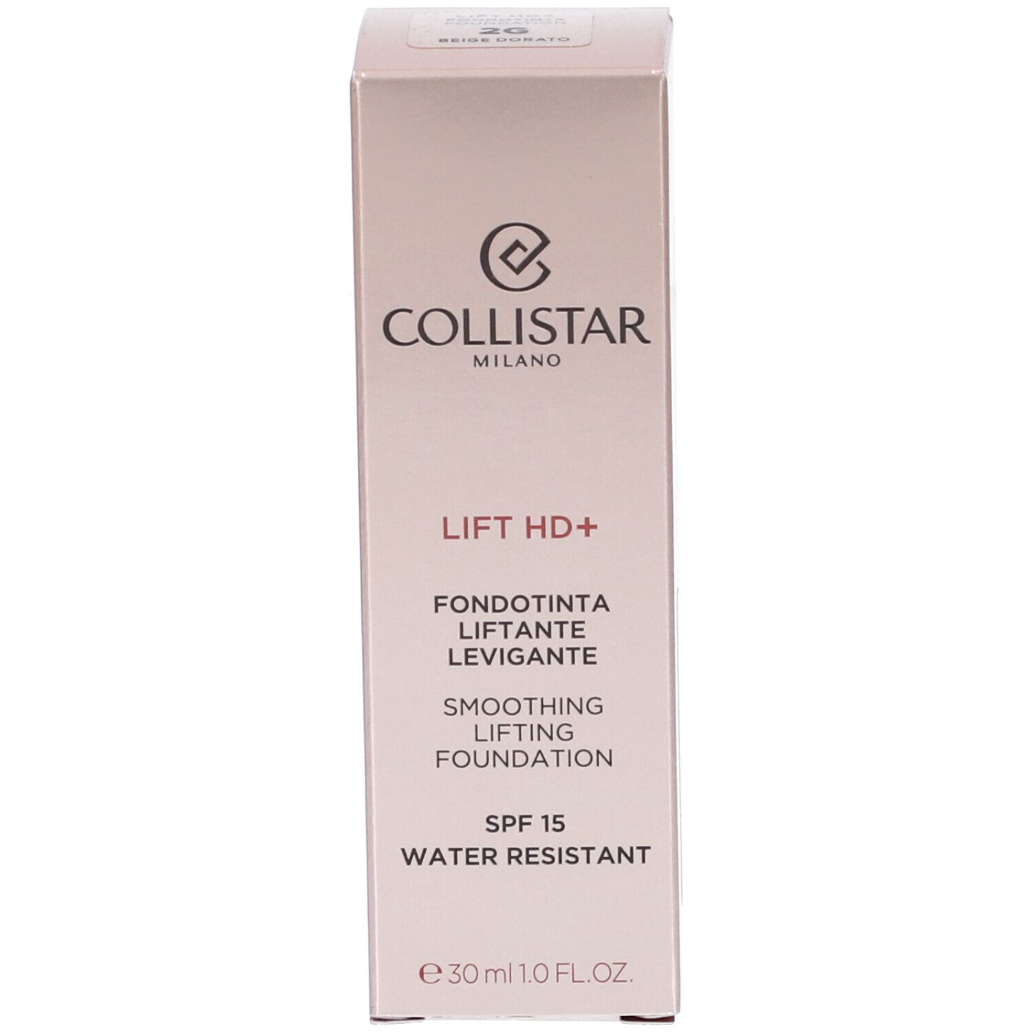 Confezione di fondotinta Collistar Lift HD+. Testo: Lift HD+, Fondotinta, Levigante, Smoothing Lifting Foundation, SPF 15, Water Resistant.