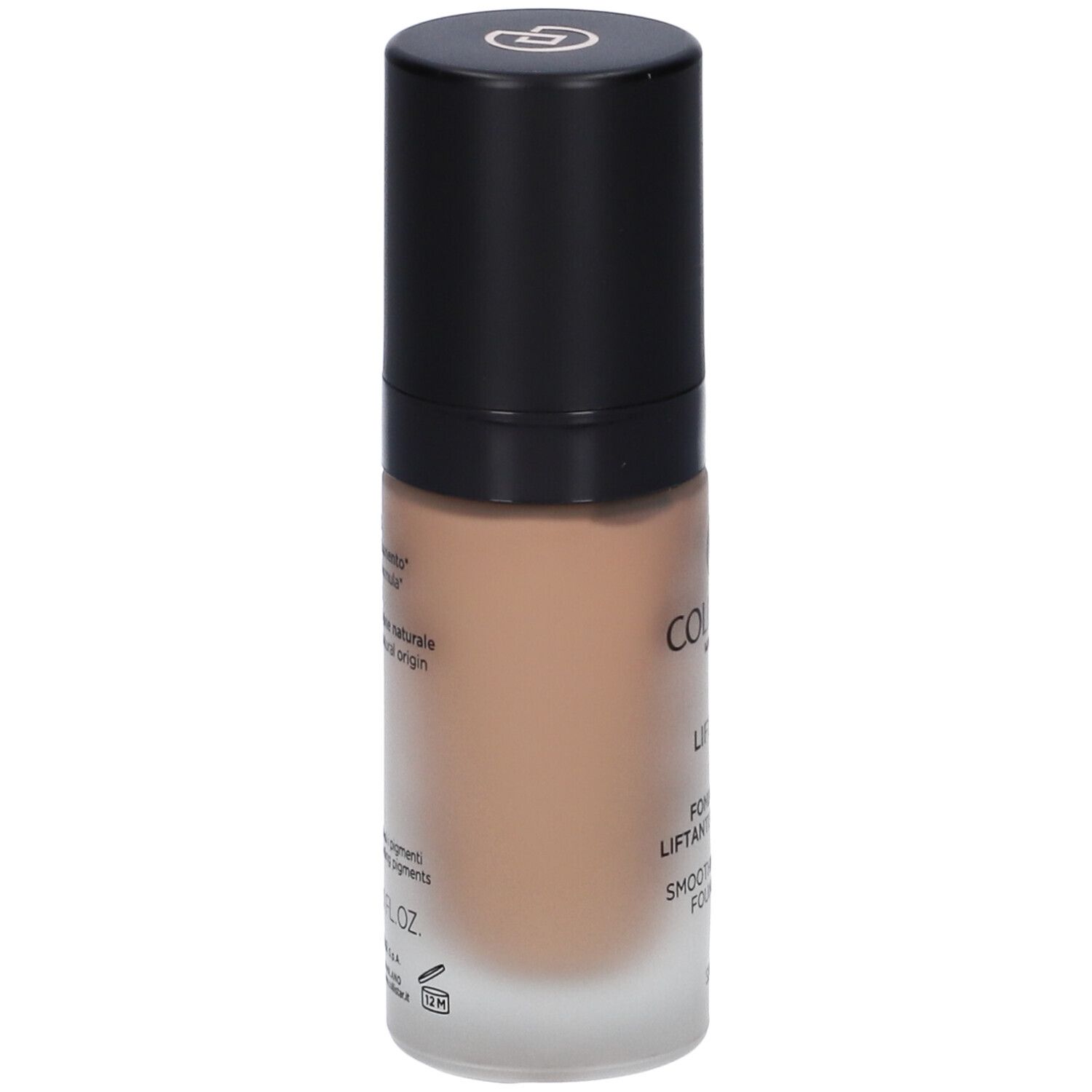 Fondotinta Collistar Milano Lift HD+. Flacone beige, tappo nero. Testo laterale.
