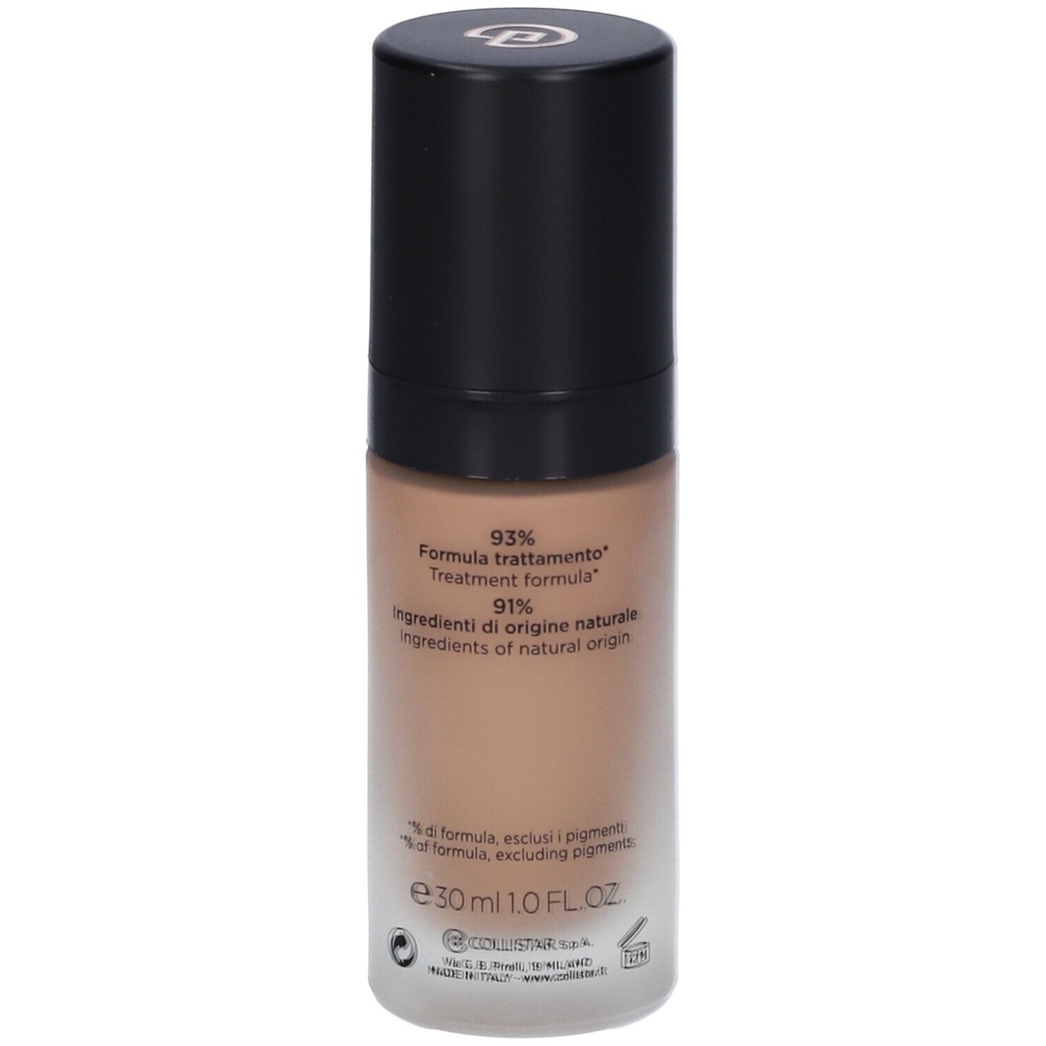 Fondotinta Collistar Milano Lift HD+. Flacone beige, tappo nero. Testo: 93% formula, 30ml.