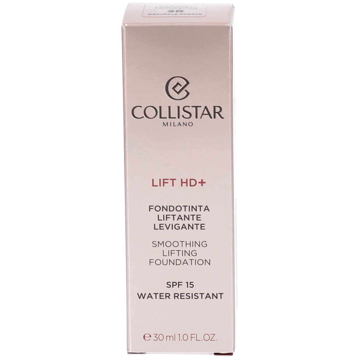 Confezione del fondotinta Collistar Milano Lift HD+. Testo: SPF 15, Water Resistant.