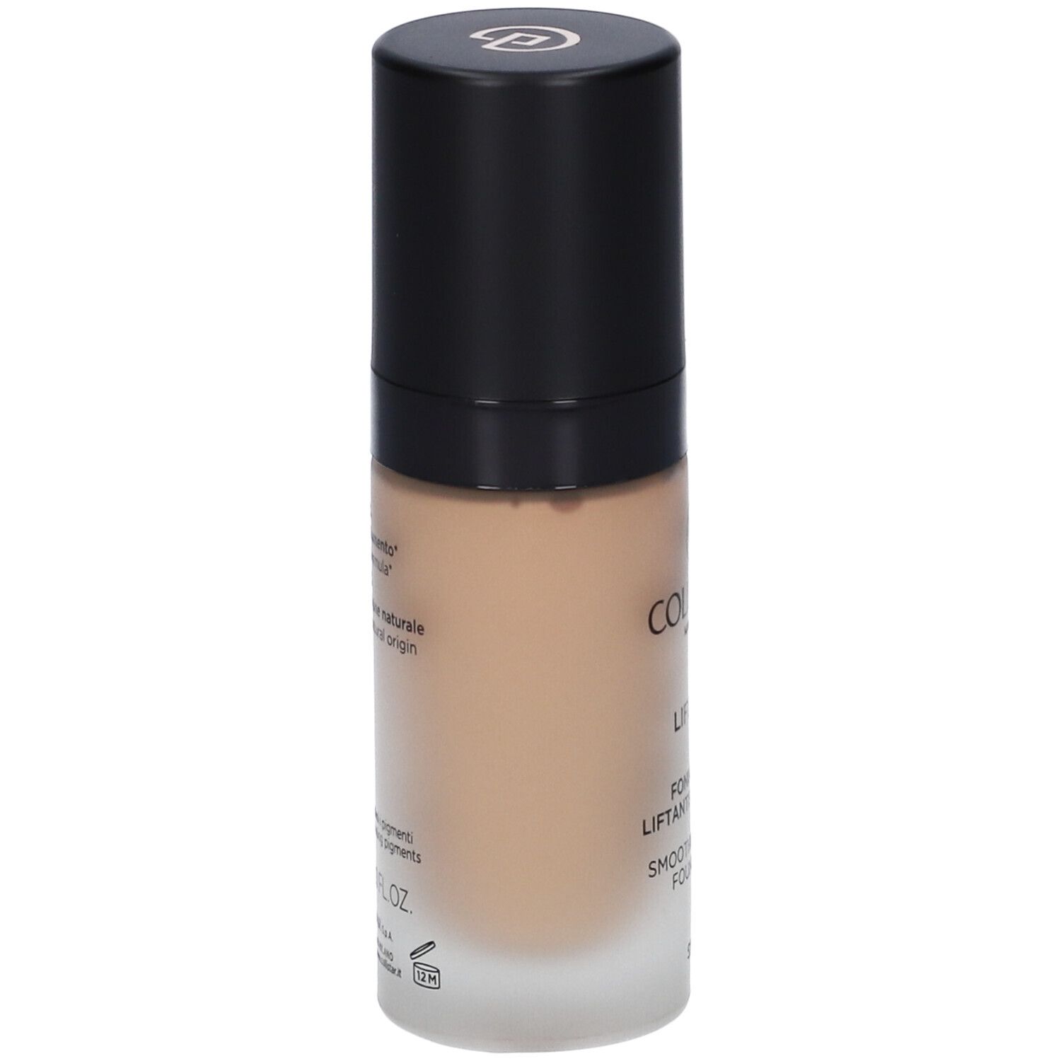 Flacone di fondotinta beige con tappo nero. Scritta: Collistar, Lift HD+, Smoothing Lifting Foundation, SPF 15.