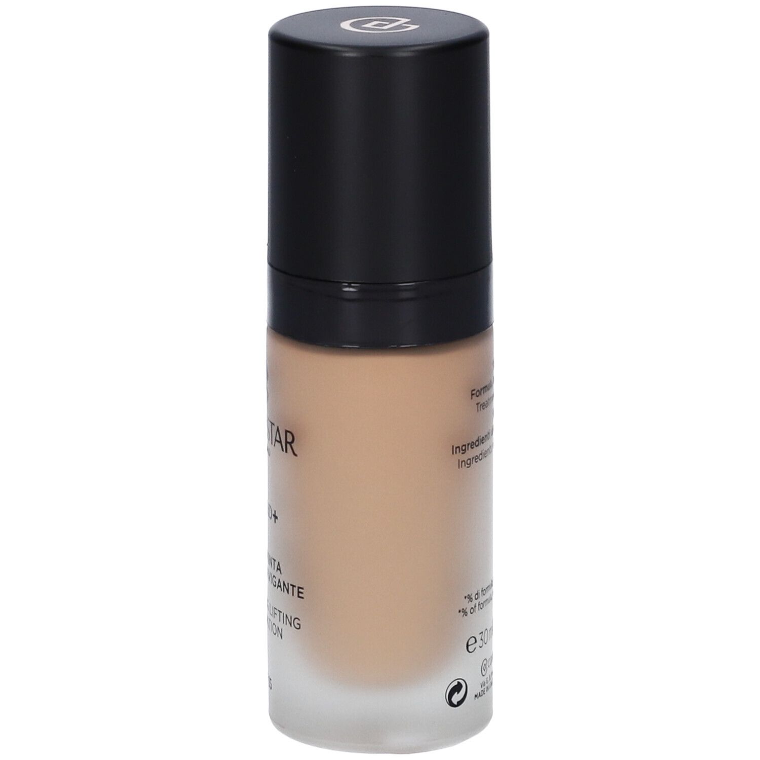 Flacone di fondotinta con tappo nero. Scritta: Collistar, Lift HD+, Smoothing Lifting Foundation. Retro: ingredienti, 30ml.