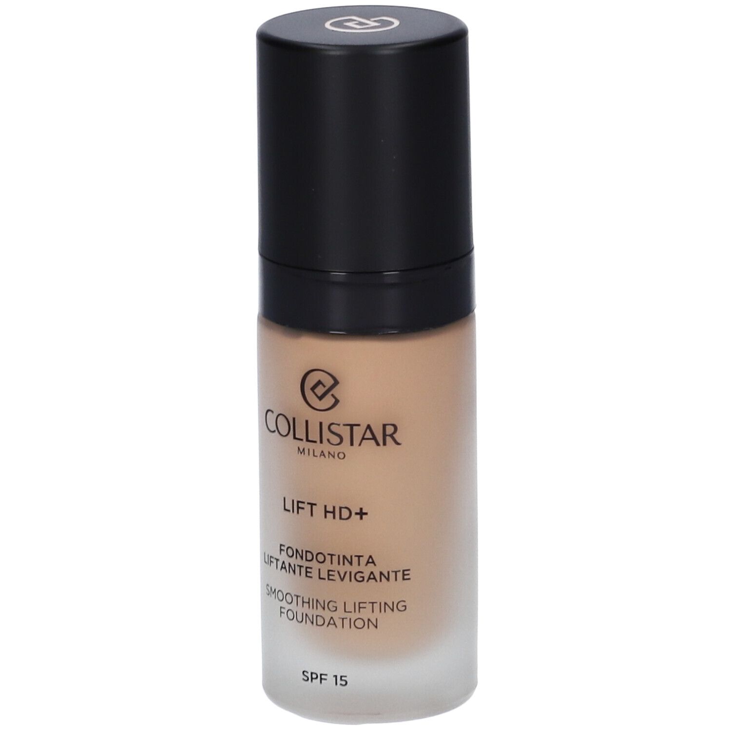 Flacone di fondotinta beige con tappo nero. Scritta: Collistar, Lift HD+, Smoothing Lifting Foundation, SPF 15.
