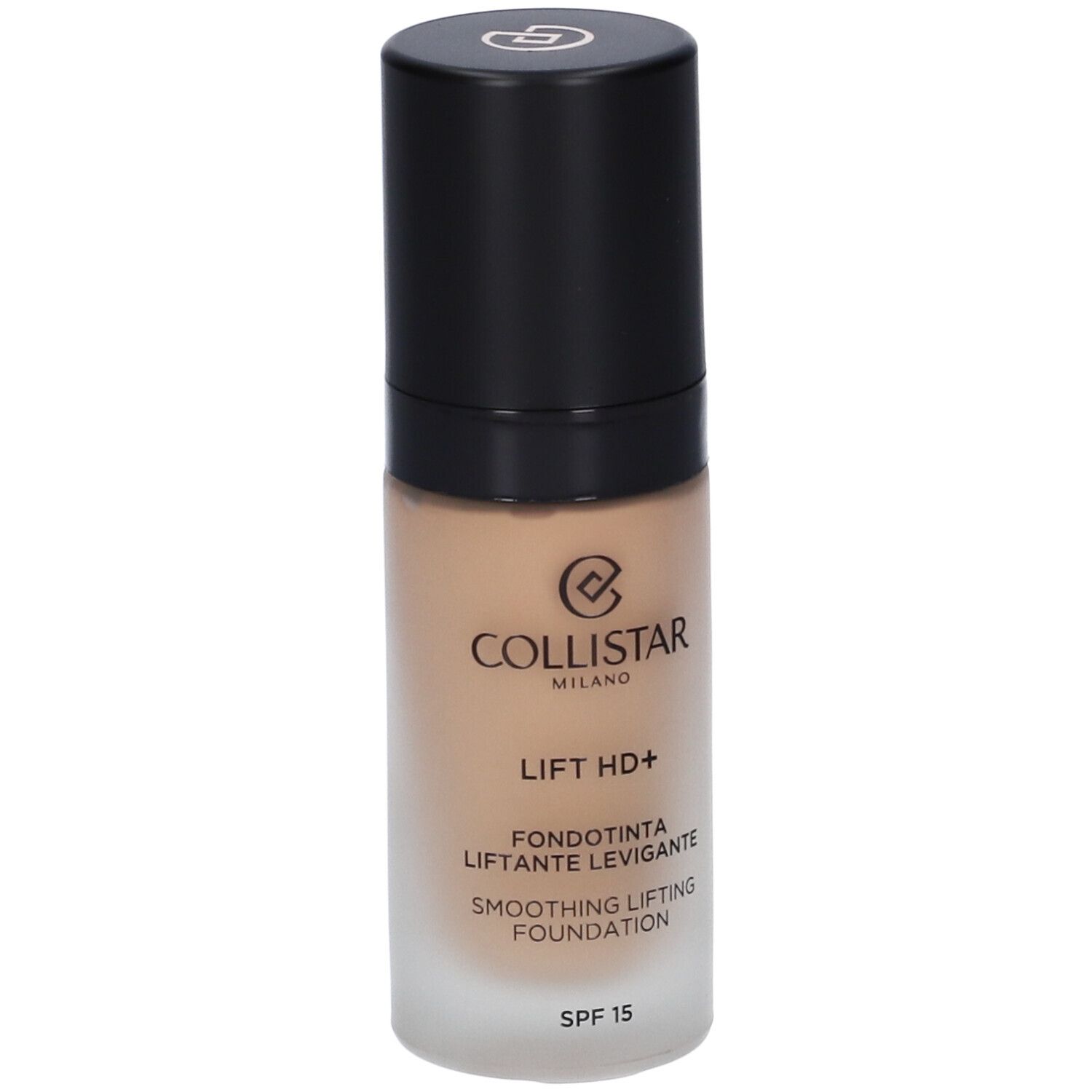 Flacone di fondotinta beige con tappo nero. Scritta: Collistar, Lift HD+, Smoothing Lifting Foundation, SPF 15.