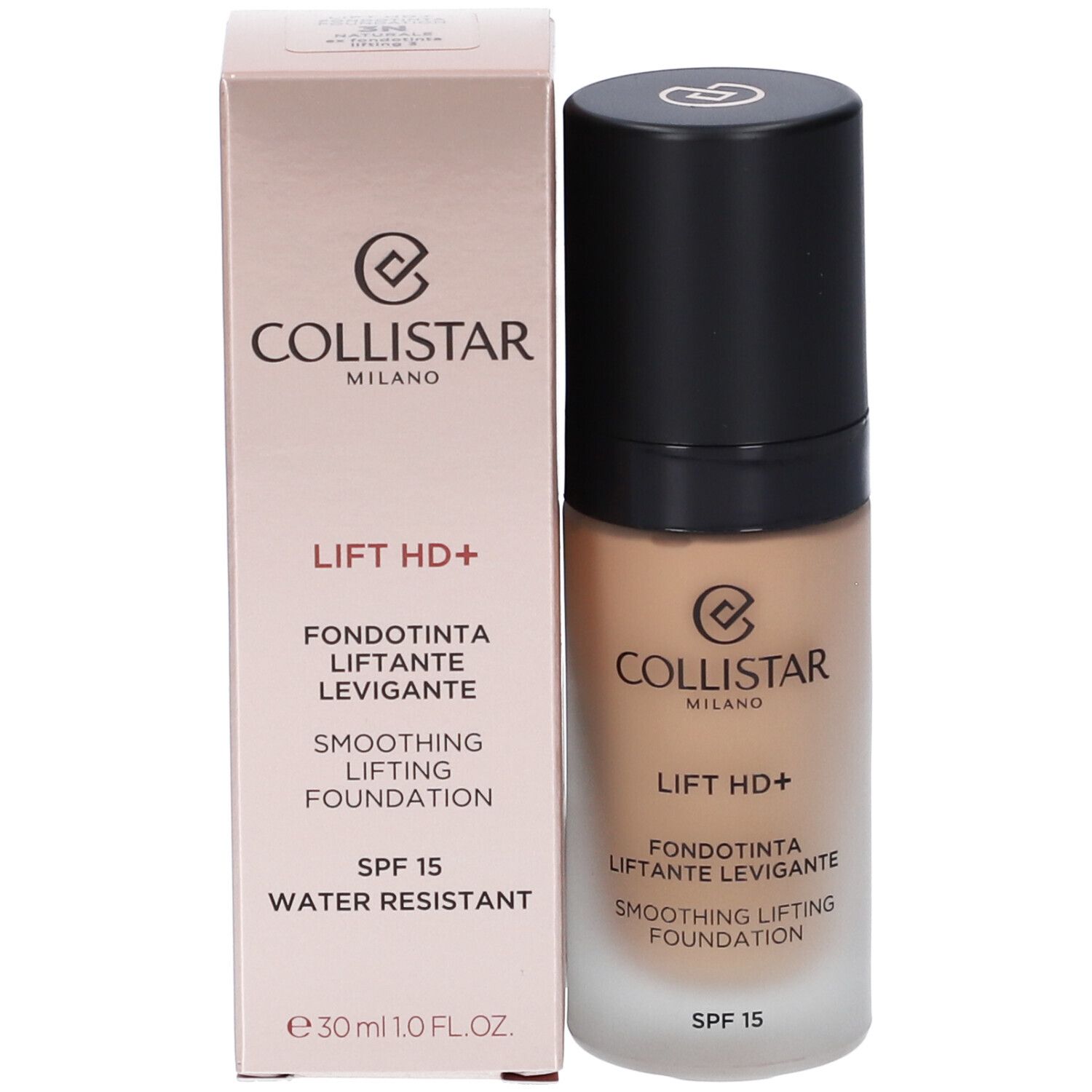 Flacone di fondotinta e confezione. Scritta: Collistar, Lift HD+, Smoothing Lifting Foundation, SPF 15, Water Resistant, 30 ml.