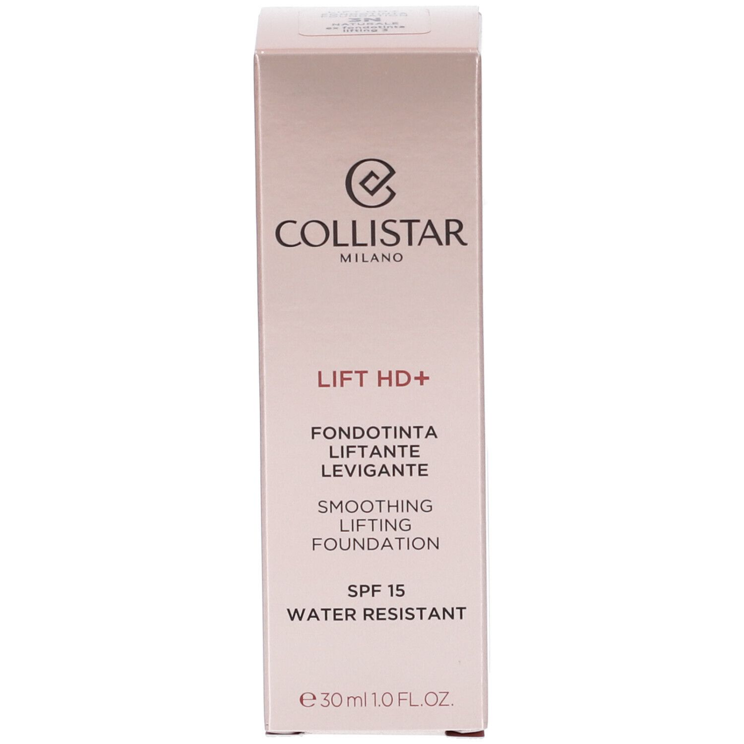 Confezione. Scritta: Collistar, Lift HD+, Smoothing Lifting Foundation, SPF 15, Water Resistant, 30 ml.