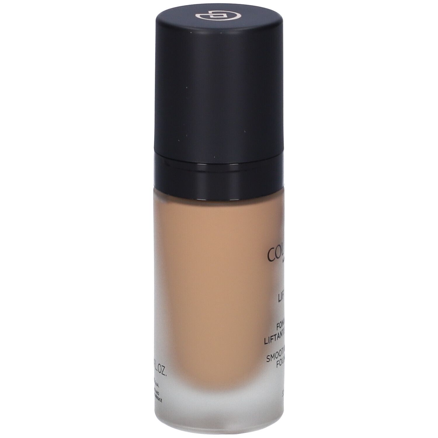 Flacone di fondotinta beige con tappo nero. Scritte: Collistar, Lift HD+, Fondotinta, SPF 15.