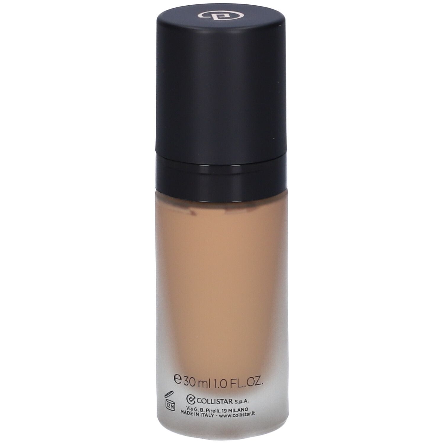 Flacone di fondotinta beige con tappo nero. Scritte: Collistar, Lift HD+, Fondotinta, SPF 15.