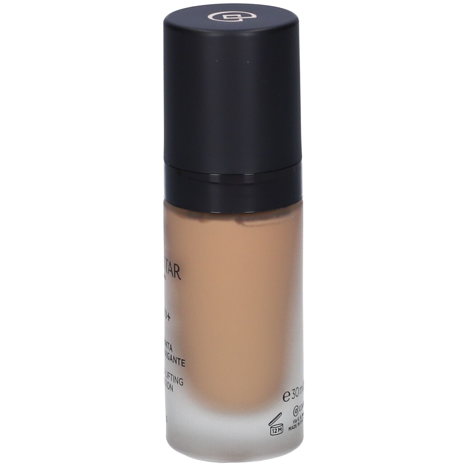 Flacone di fondotinta beige con tappo nero. Scritte: Collistar, Lift HD+, Fondotinta, SPF 15.