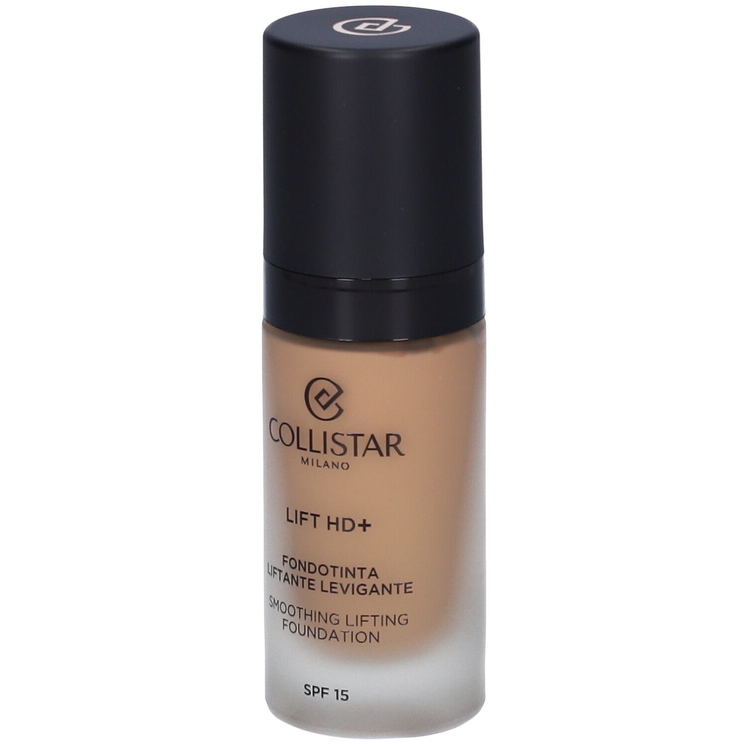 Flacone di fondotinta beige con tappo nero. Scritte: Collistar, Lift HD+, Fondotinta, SPF 15.