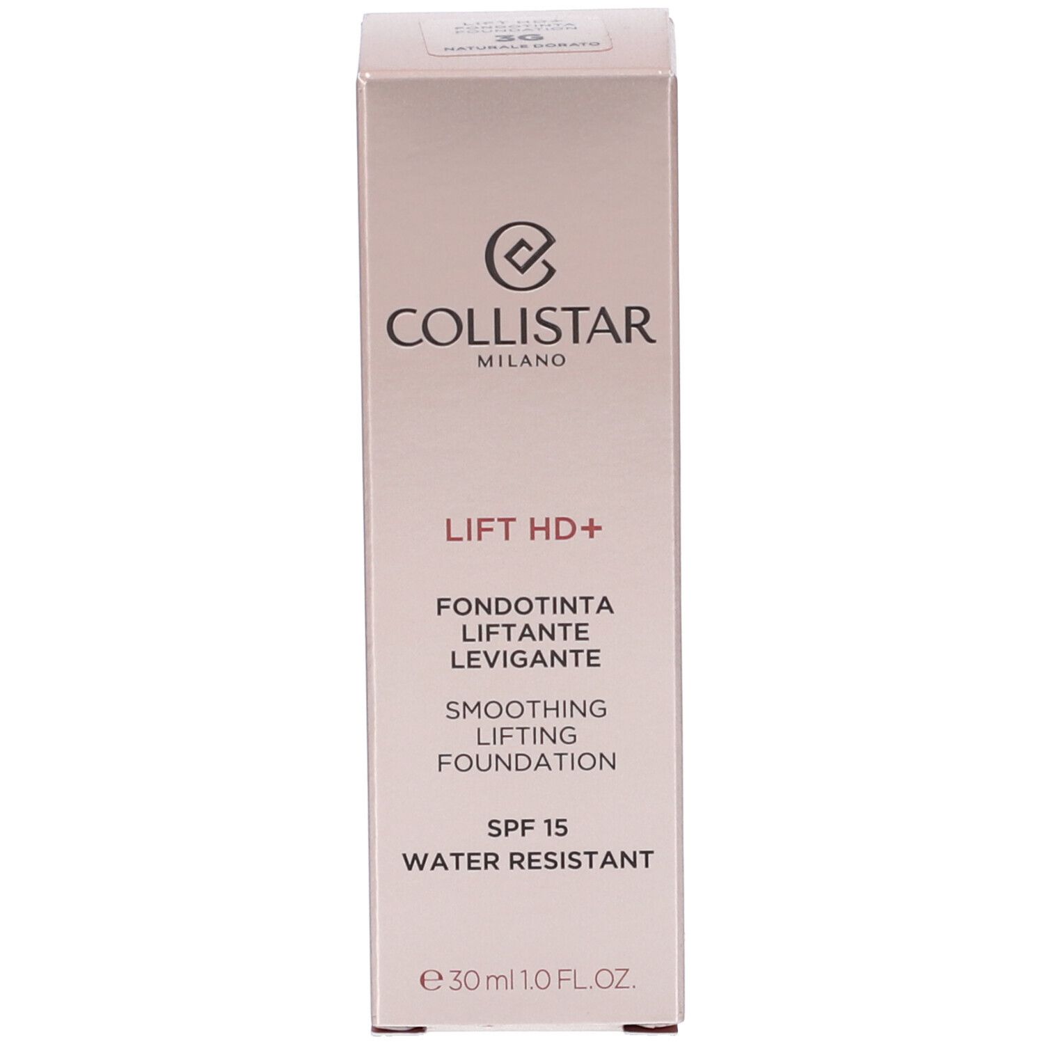 Confezione con scritte: Collistar, Lift HD+, Fondotinta, SPF 15, Water Resistant.