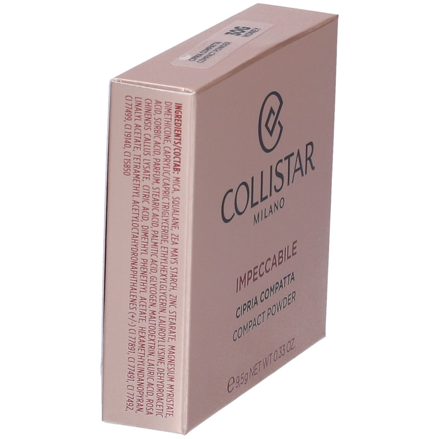 Confezione cipria compatta Collistar. Ingredienti visibili. Scritta: Impeccabile Cipria Compatta. Peso: 9,5g. Colore: Honey.