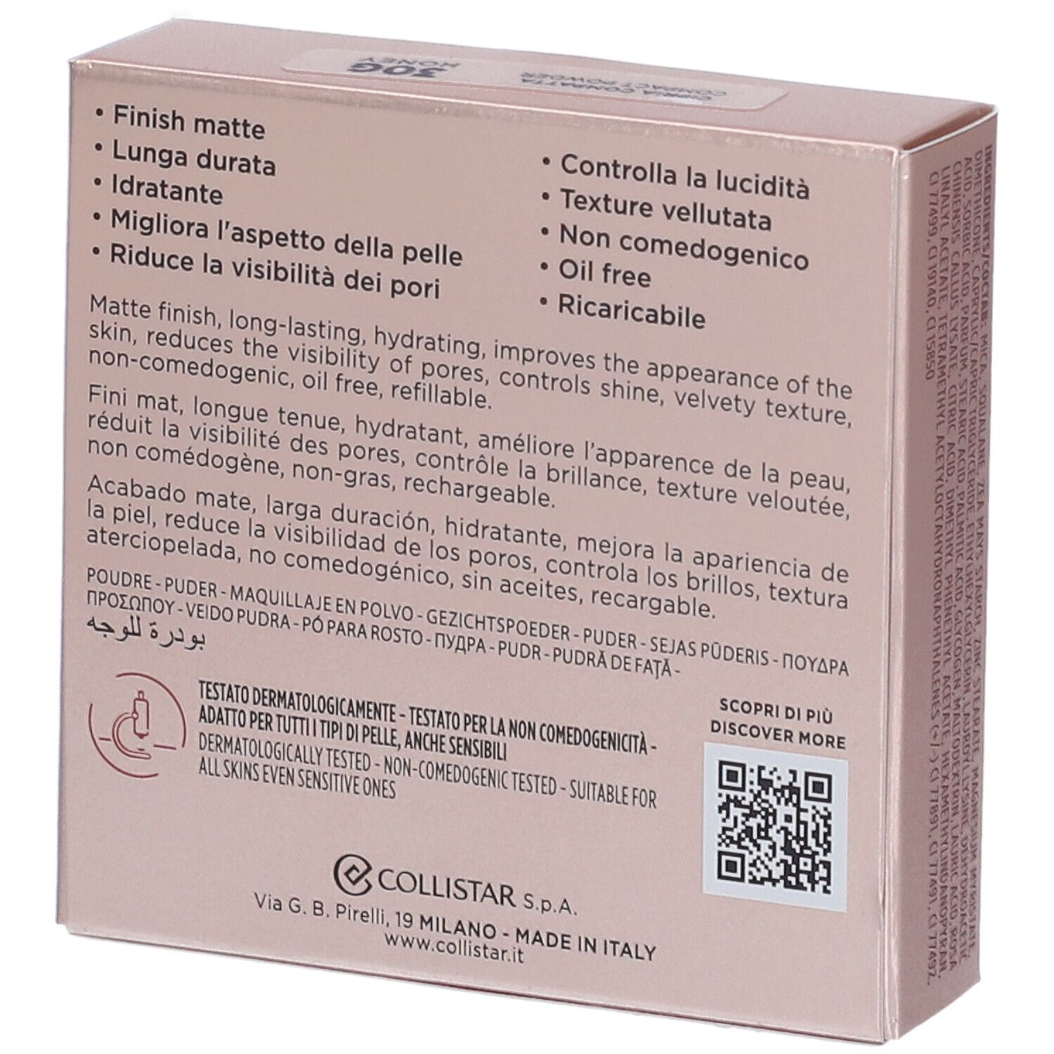 Retro confezione cipria compatta. Testo: finish opaco, lunga durata, non comedogenico. Marca: Collistar. Codice QR.